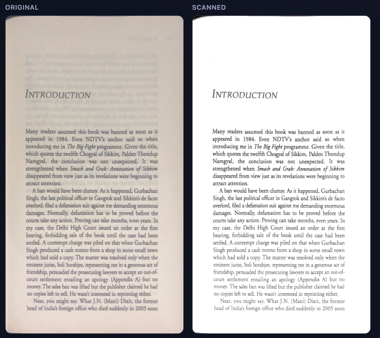 Color PDF page converted to grayscale PDF and black and white PDF scan — original photo vs cleaned result
